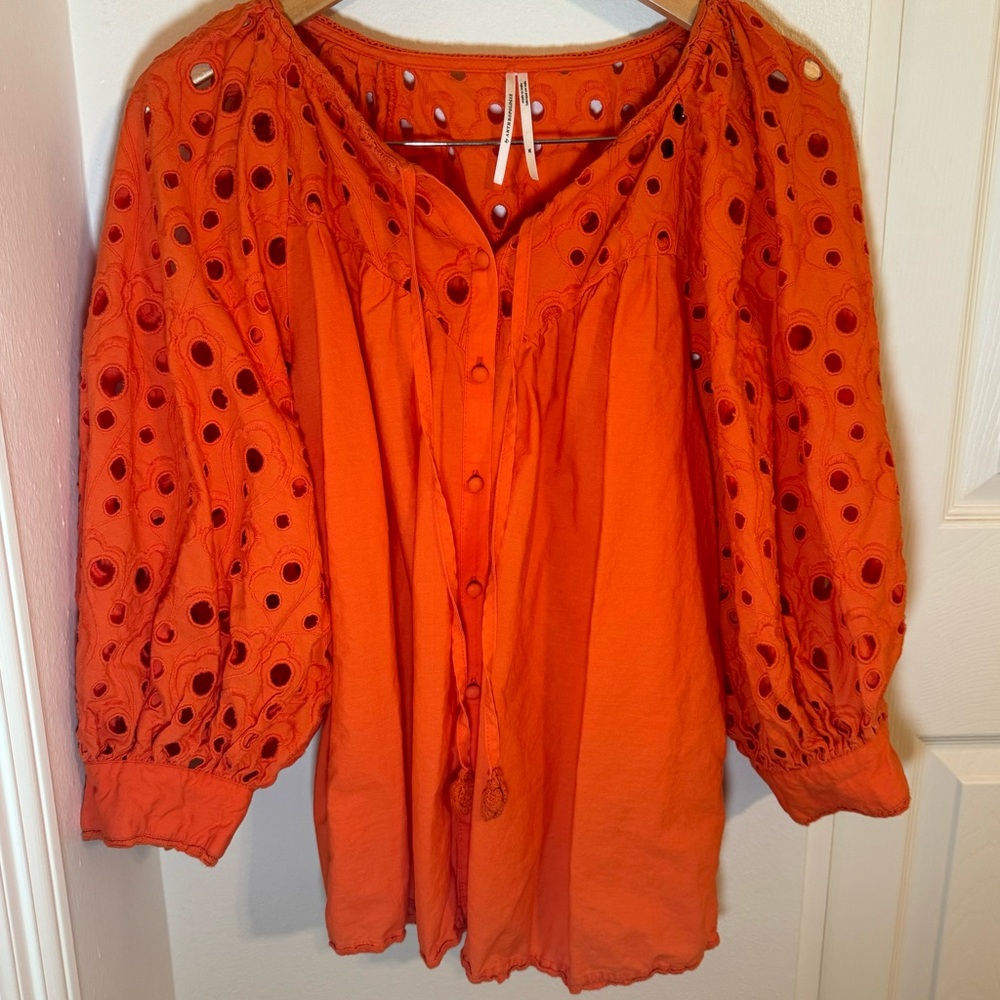 Anthropologie XL Chantal Eyelet Blouse, Orange/Red, Button-Up Puff Sleeves